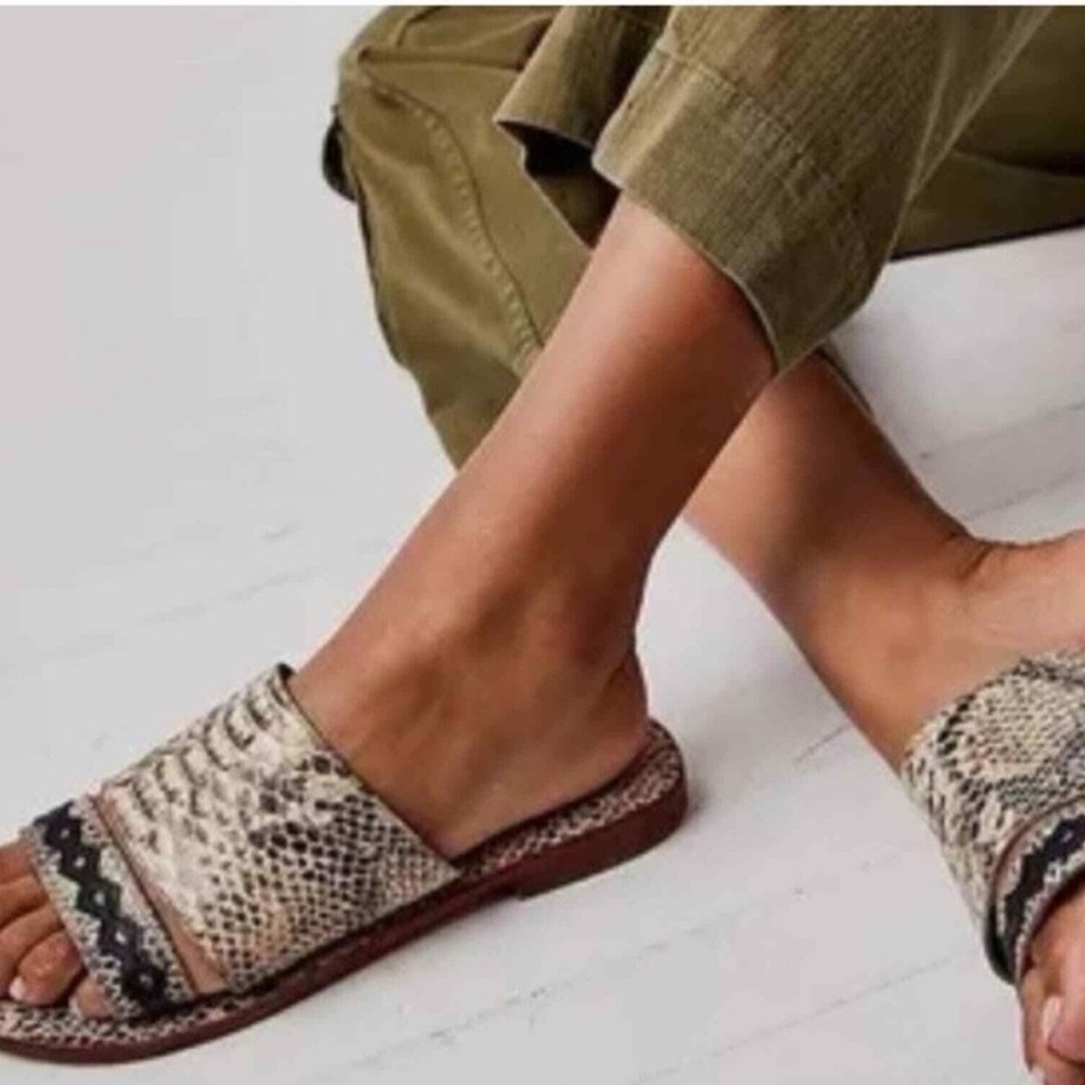 Free People Saturaday Snake Strappy Leather Flat Sandals - Picture 2 of 9